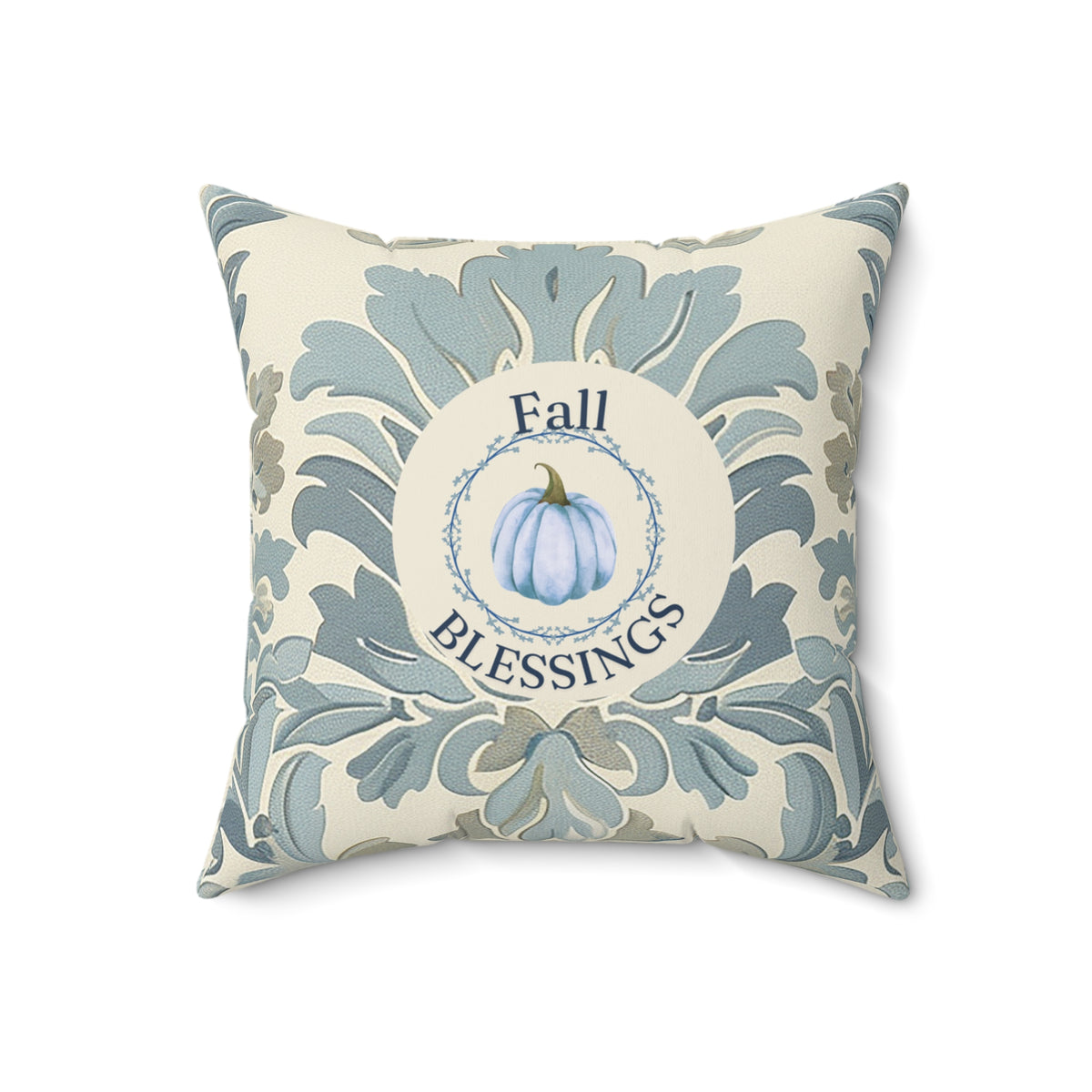 Fall Blessings Blue Damask Pumpkin Pillow