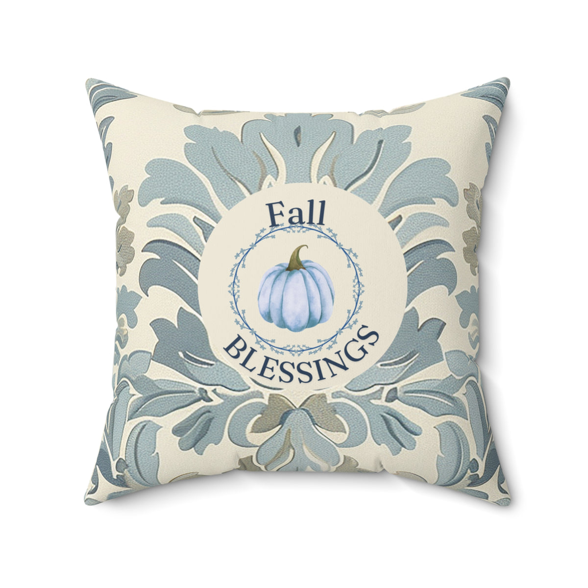 Fall Blessings Blue Damask Pumpkin Pillow