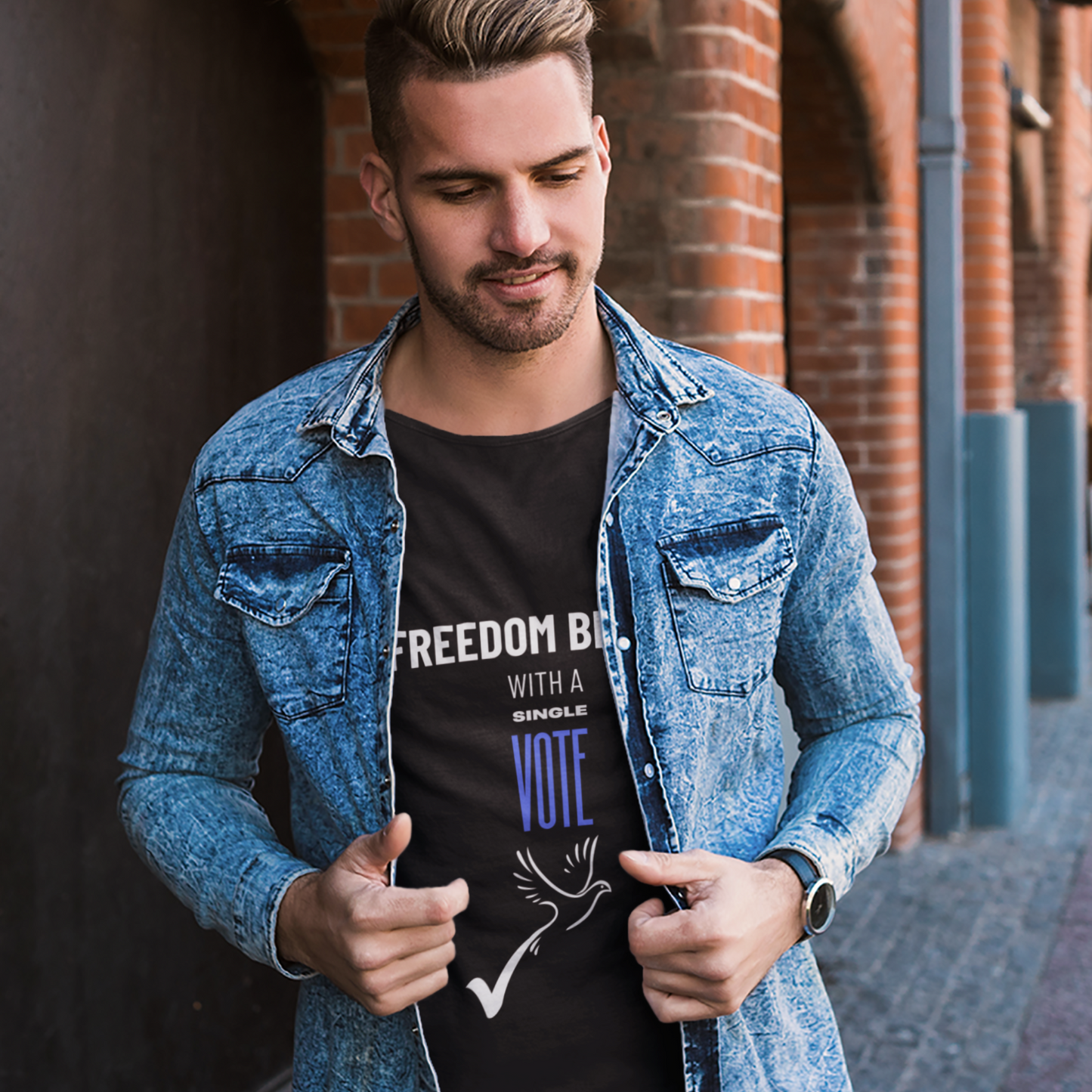 US Election 2024 T-Shirt Freedom Begins With A Single Vote Blue Democratic Party Tee Civic Duty Fashion