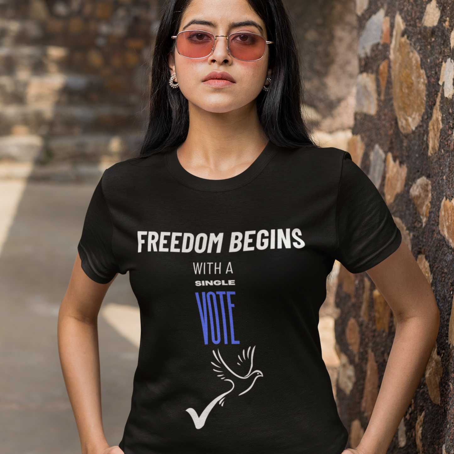 US Election 2024 T-Shirt Freedom Begins With A Single Vote Blue Democratic Party Tee Civic Duty Fashion