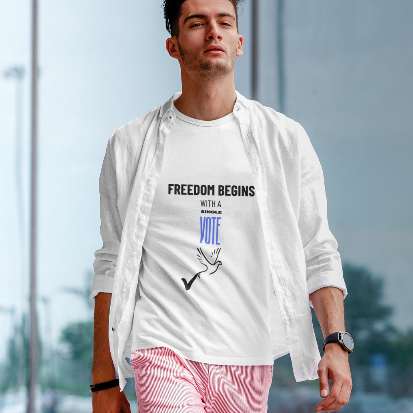 US Election 2024 T-Shirt Freedom Begins With A Single Vote Blue Democratic Party Tee Civic Duty Fashion