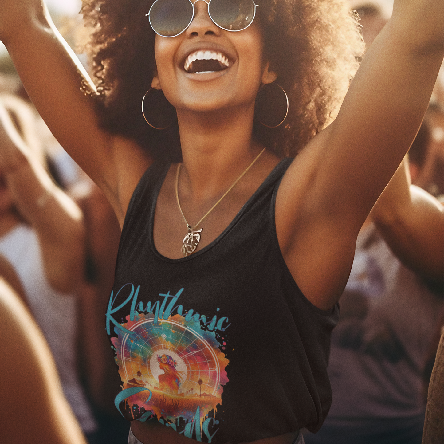 Rhythmic Sands Tank Top for Festivals, Music Lovers, Bohemian Desert Style Music, Colorful Music Festival Apparel